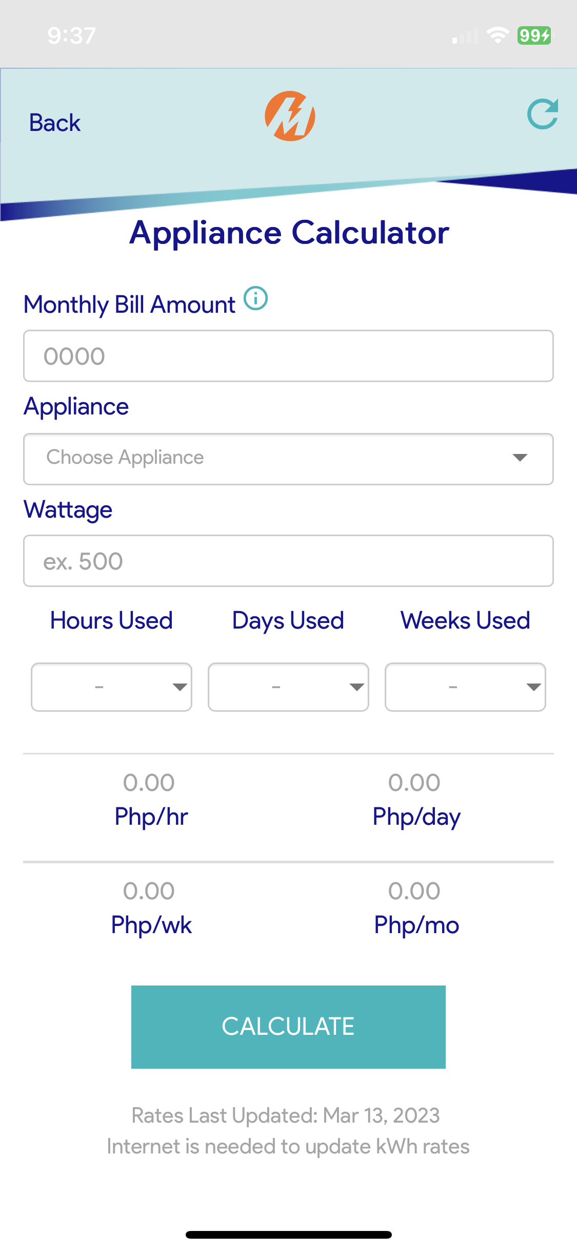 meralco online - appliance calculator