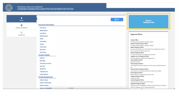 PRC online registration appointment - select transaction